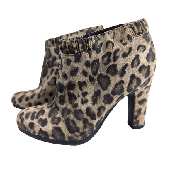 Sam & Libby Heeled Ankle Bootie Womens 5.5 Leopard Print Mob Wife Beige Black - Picture 1 of 8